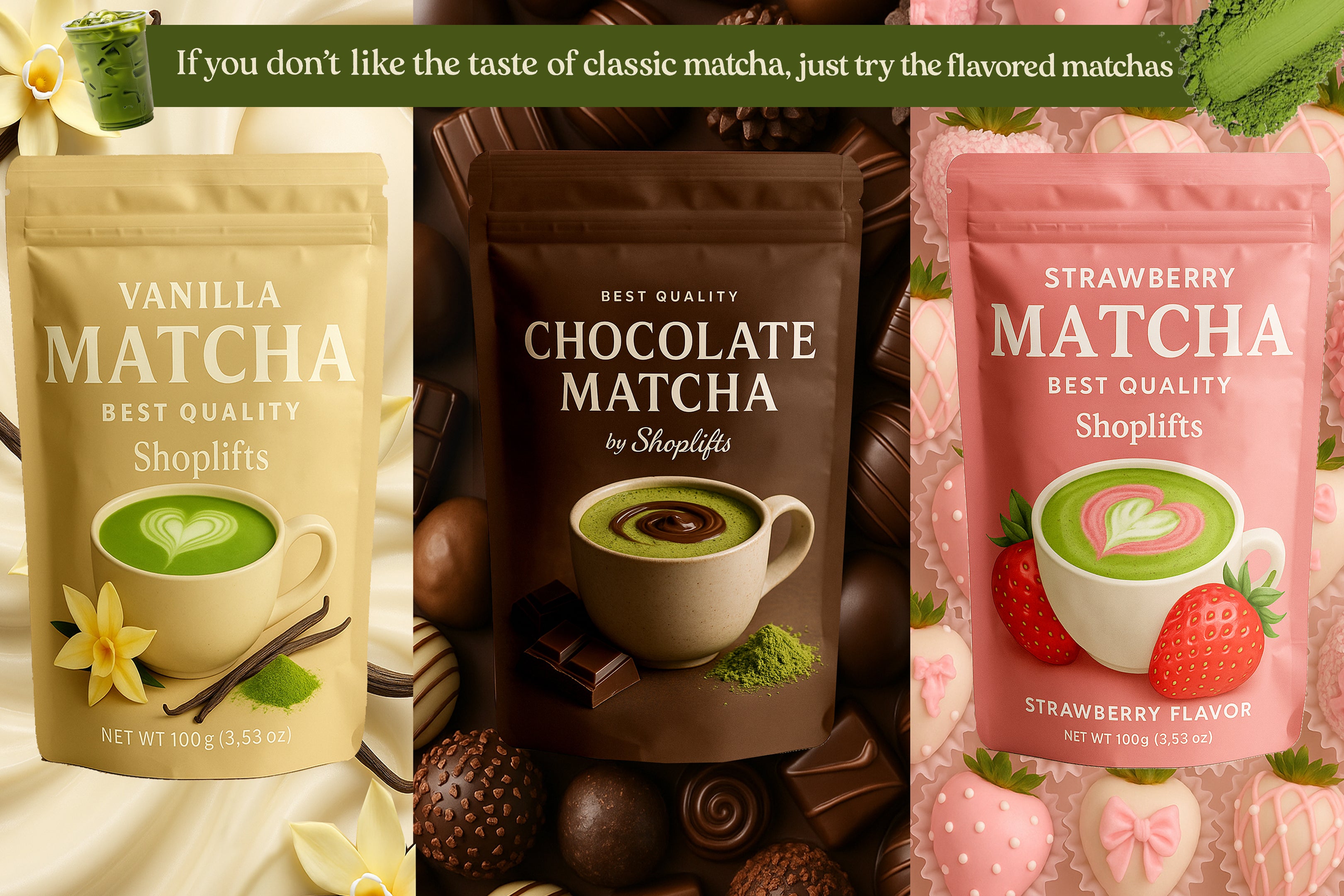 Three matcha product packages: Vanilla, Chocolate, and Strawberry, with text on a green banner.