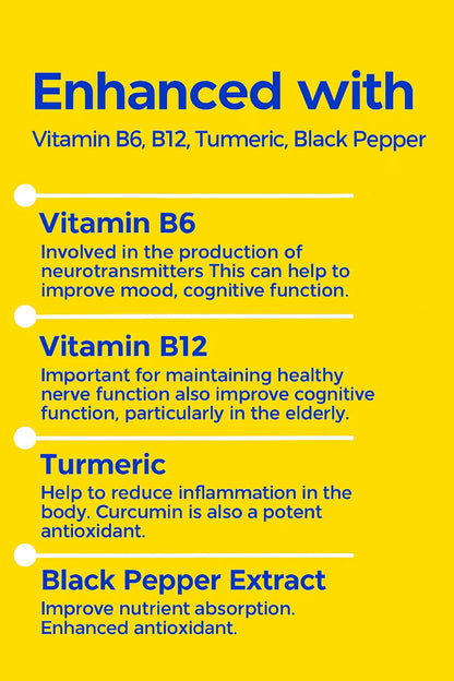 Elenco delle vitamine e dei loro benefici su uno sfondo giallo