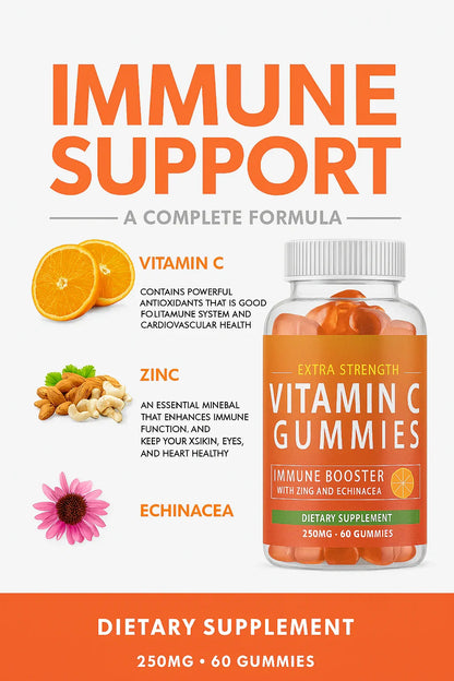 Gommini di vitamina C per supporto immunitario con ingredienti e benefici mostrati.