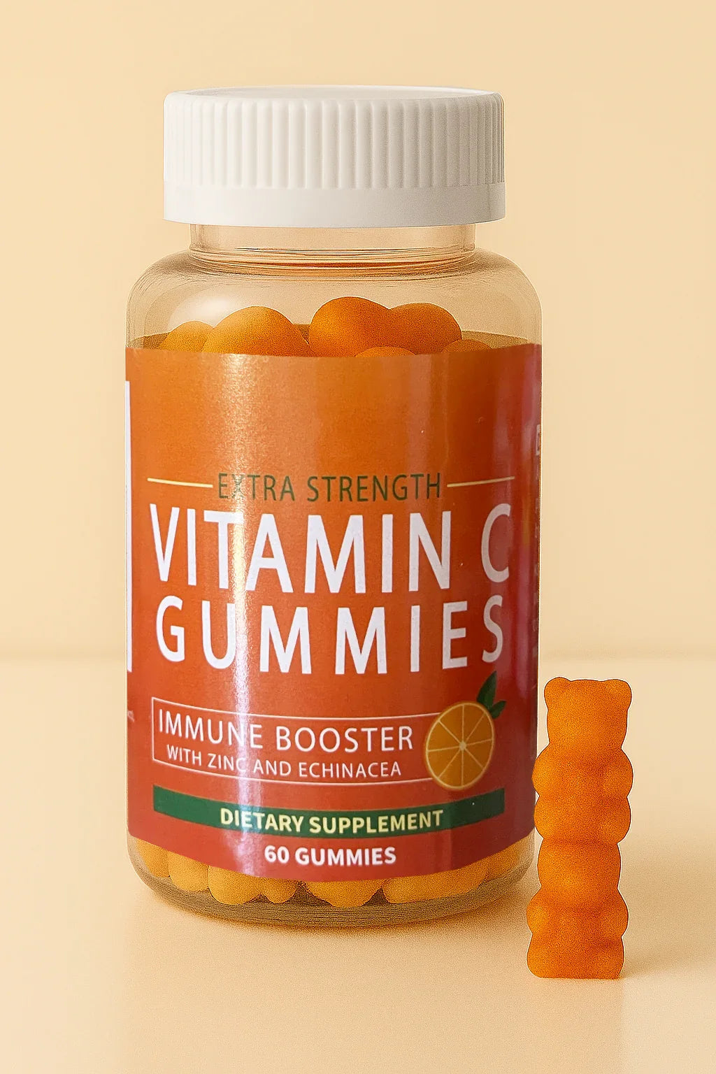 Bottiglia di gomme alla vitamina C con una gomma accanto su uno sfondo beige