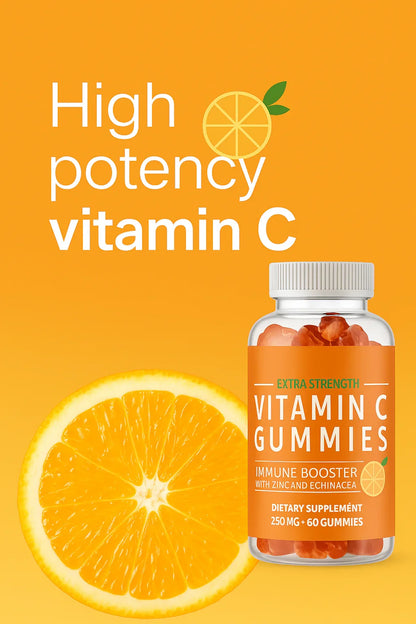 Gummies di vitamina C con una fetta d'arancia su uno sfondo giallo brillante