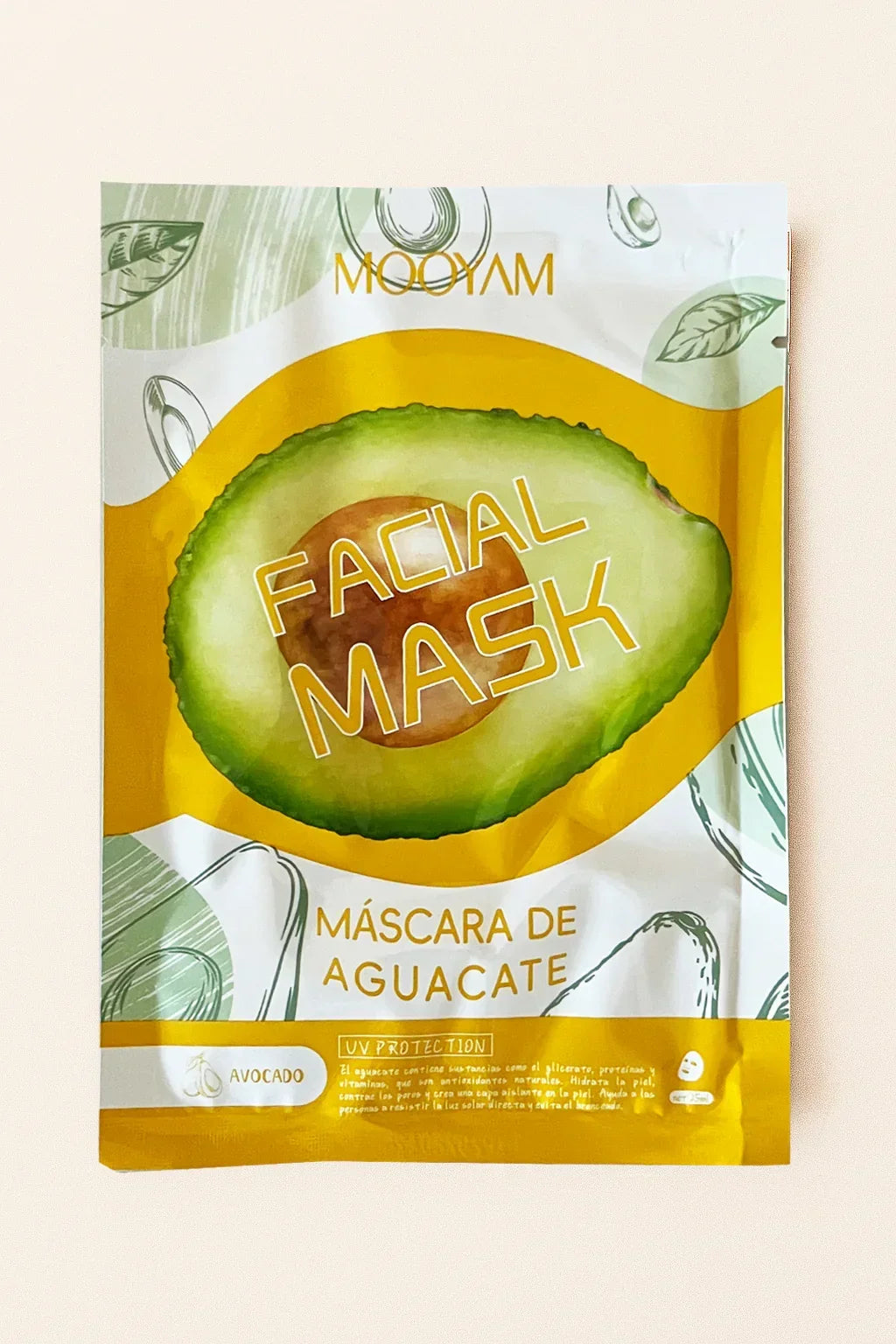 Imballaggio della maschera per il viso all'avocado con design giallo e verde su sfondo beige