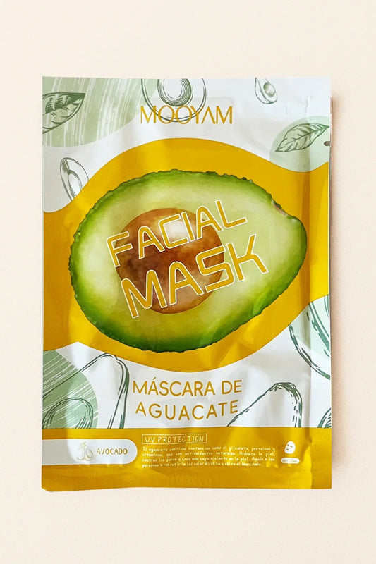 Imballaggio della maschera per il viso all'avocado con design giallo e verde su sfondo beige