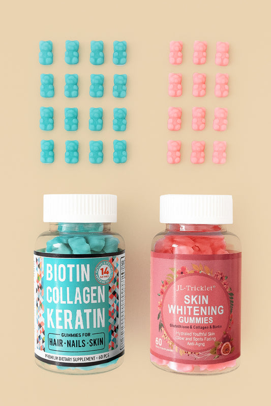 Two bottles of gummy supplements, one labeled 'Biotin Collagen Keratin' and the other 'Skin Whitening Gummies', on a beige background.
