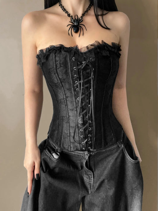 Black Lace Strapless Corset Top - Shoplifts
