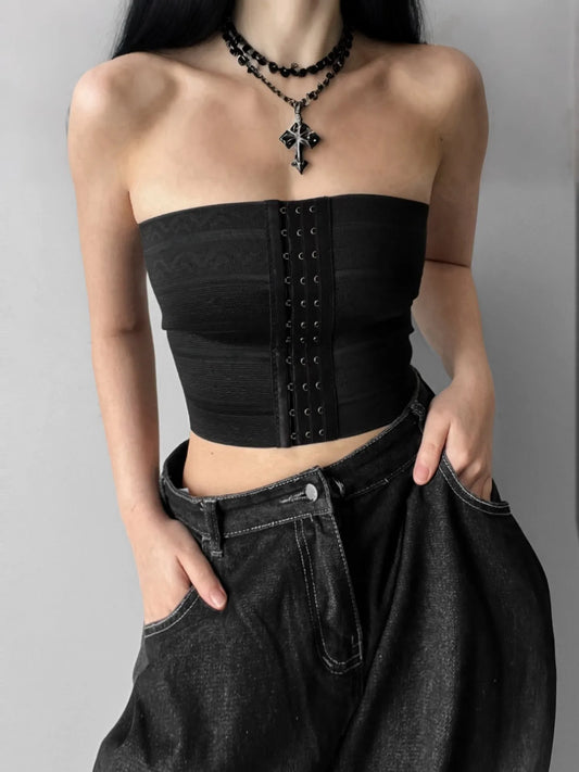 Black Lace Strapless Corset Top - Shoplifts
