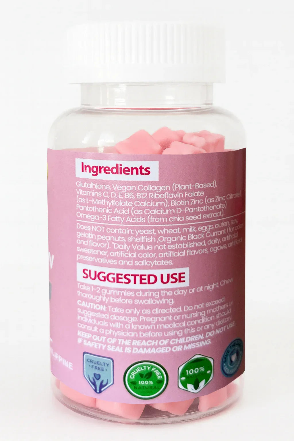 Bottiglia di integratori con capsule rosa e etichetta degli ingredienti su uno sfondo bianco