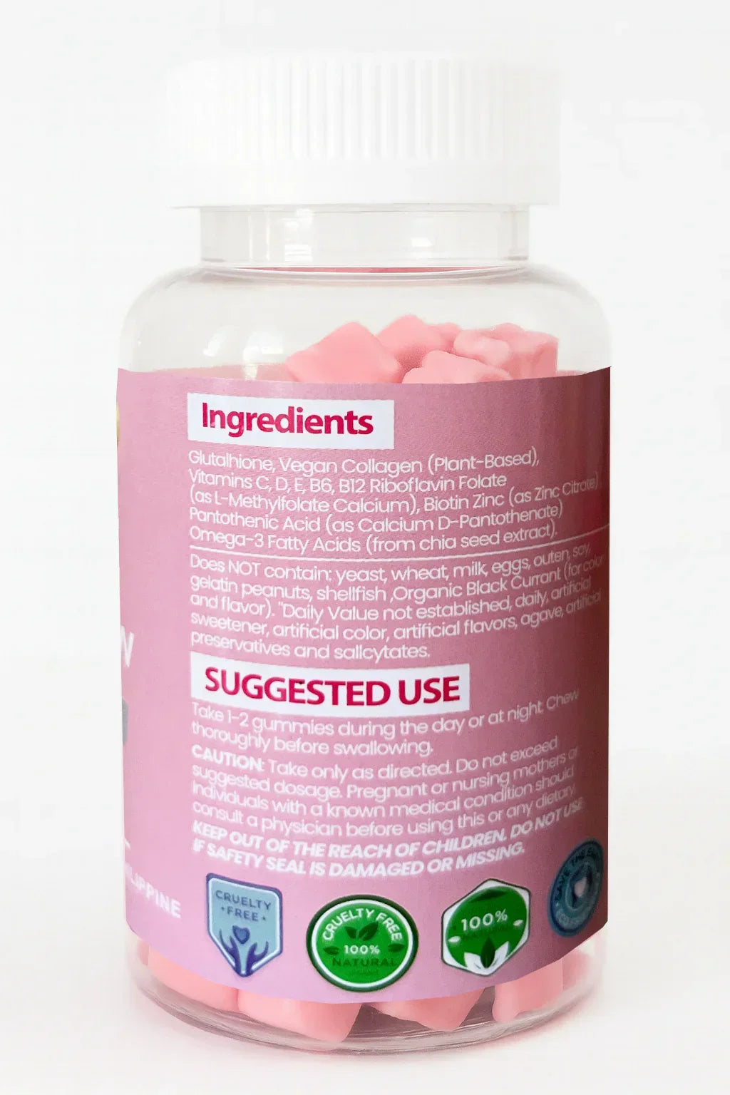 bottiglia di integratori con capsule rosa e etichetta degli ingredienti su uno sfondo bianco