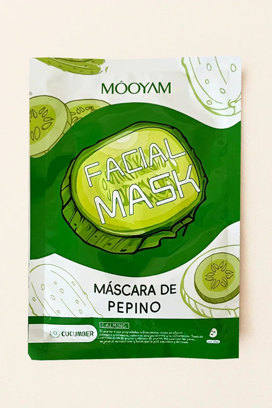 MooYam facial mask packaging with cucumber slices on a beige background