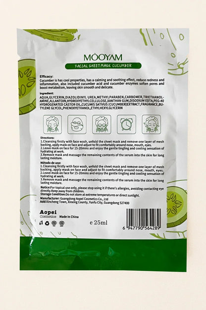 Imballaggio della maschera facciale Mooyam con illustrazione di cetriolo e testo.
