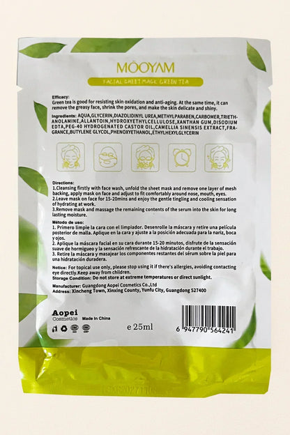 Imballaggio della maschera viso Mooyam con ingredienti di tè verde e istruzioni per l'uso.