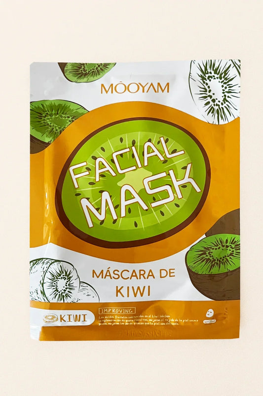 Mooyam kiwi facial mask packaging on a beige background