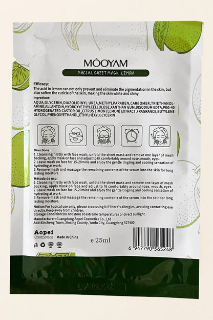 Imballaggio della maschera viso in tessuto Mooyam con design di limone su uno sfondo beige