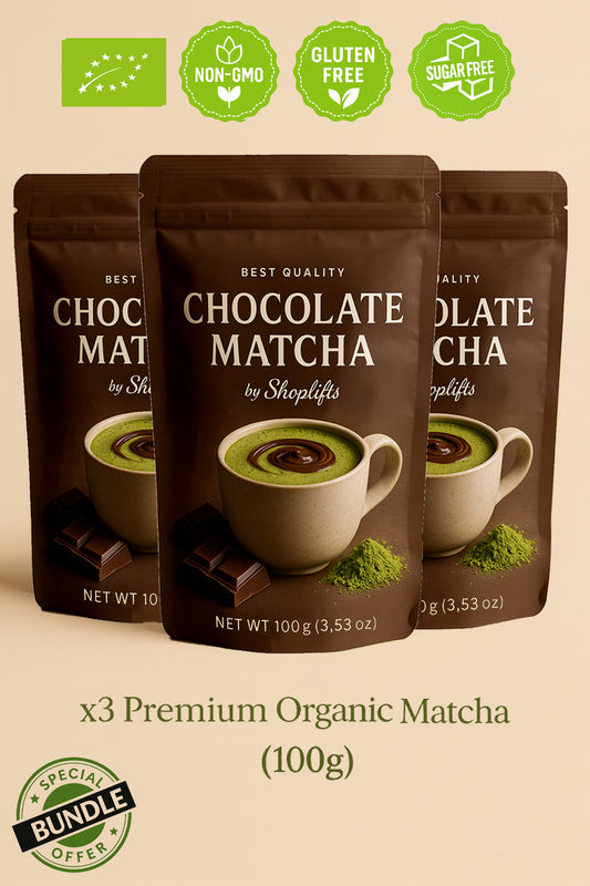 Three packages of Chocolate Matcha by Shoplifts with branding and product details on a beige background.