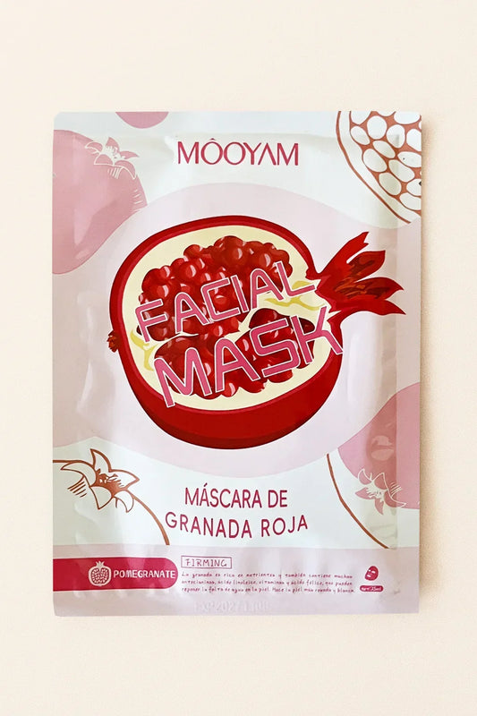 MooYam facial mask packaging with pomegranate design on a light beige background
