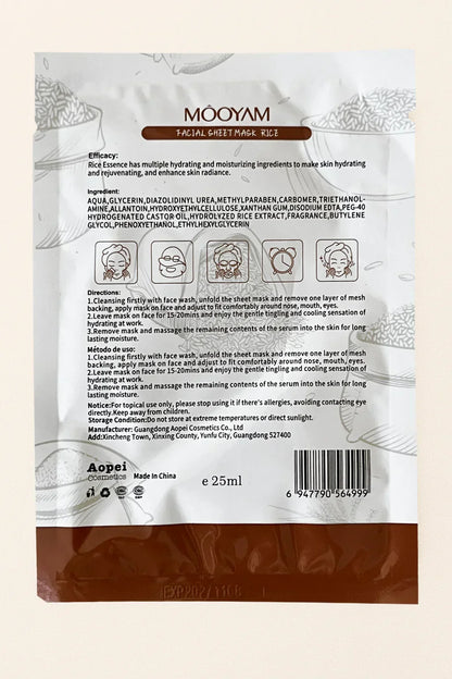 Visuale posteriore di un packaging per maschera viso Mooyam con testo e icone.