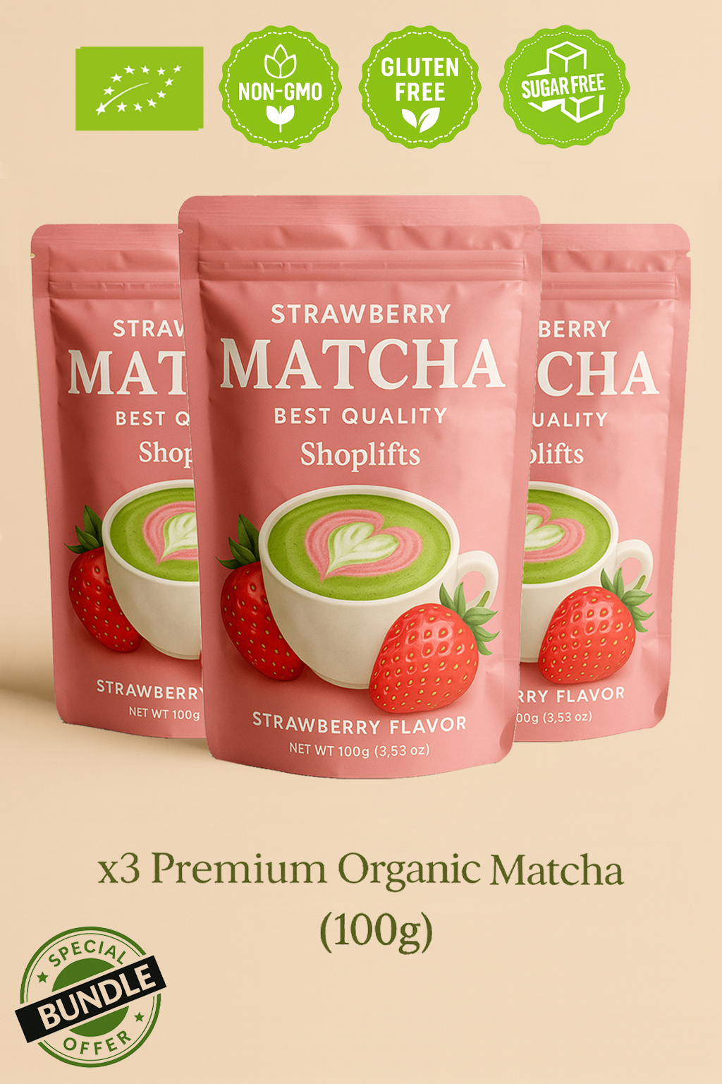 Tre confezioni di tè matcha alla fragola con icone di certificazione su uno sfondo beige.