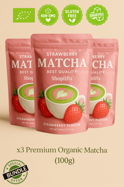 Tre confezioni di tè matcha alla fragola con icone di certificazione su uno sfondo beige.