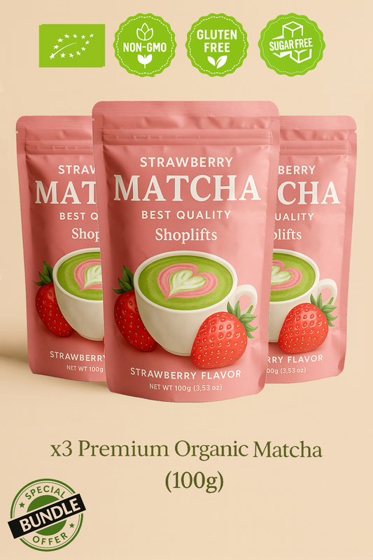 Three packages of strawberry matcha tea with certification icons on a beige background