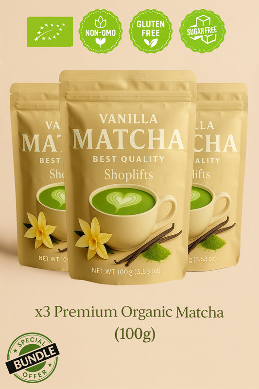 Three packages of Vanilla Matcha with branding and certification logos on a beige background