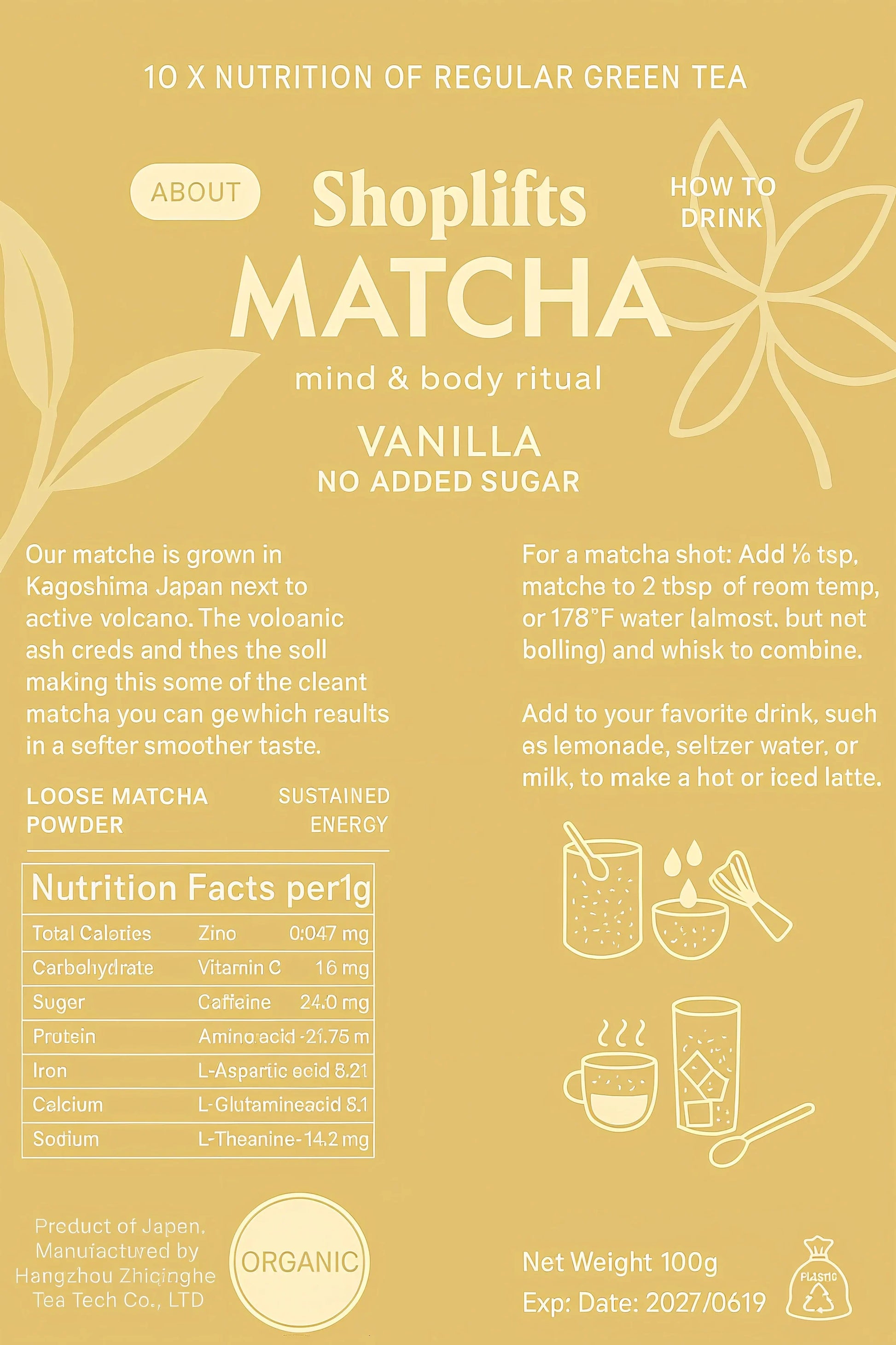 Matcha product packaging with nutritional information and usage instructions on a beige background