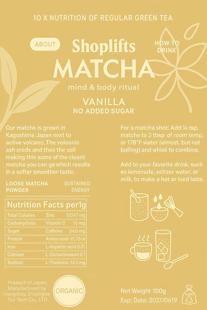 Matcha product packaging with nutritional information and usage instructions on a beige background