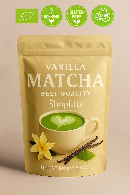 Vanilla matcha product packaging with green accents and certification icons on a beige background